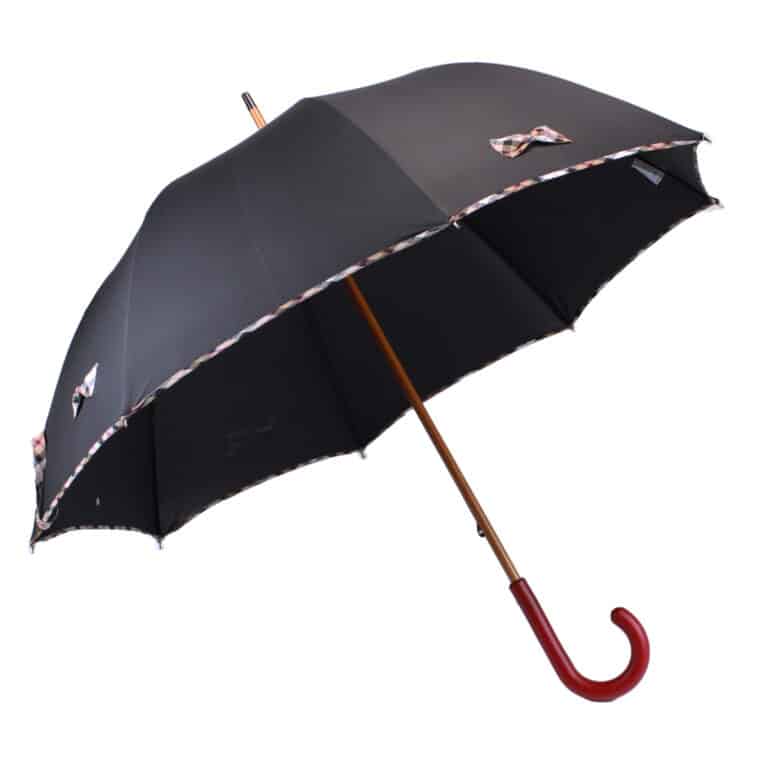 Parapluie long noir petit nœud écossais beige